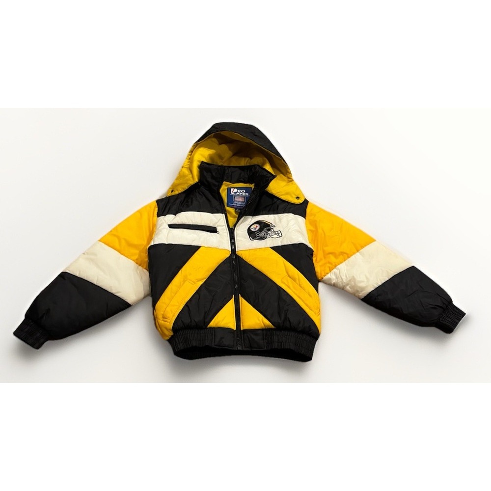 Vintage 90s Pittsburgh Steelers Pro Player Puffer Jacket M Hood Rare Pattern